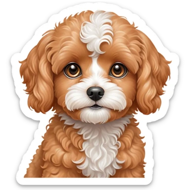 Cinematic Cute Apricot Cavoodle Portrait Emoji, Head tilted playfully and inquisitively, with a fluffy curly apricot coat adorned with subtle white patches, round, sparkling brown eyes filled with curiosity, Simplified yet irresistibly adorable features, highly detailed, glowing with a warm, friendly glow, high shine, affectionate and lively, stylized with a touch of whimsy, bright and endearing, soft glowing outline, capturing the essence of a mischievous yet loving companion, so playful it feels like it could bound out of the screen and into your arms! sticker