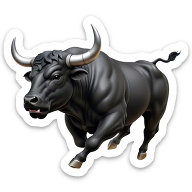 ​Cinematic Realistic Black Charging Bull, depicted in mid-charge with a powerful, muscular form and glossy black hide glistening under dynamic dramatic lighting, dust and motion captured mid-air to exude raw strength and unbridled energy on an expansive arena, sticker