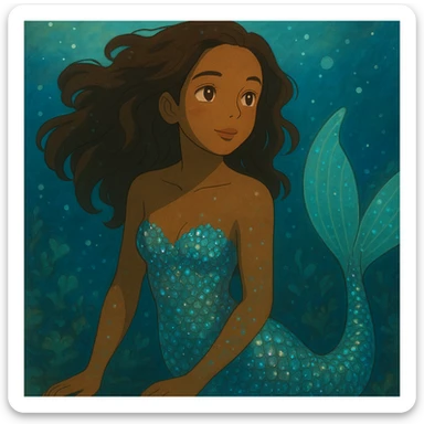 close-up of a mermaid with brown skin, sparkling iridescent scales, dreamy underwater background, ghibli style sticker