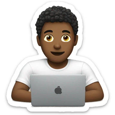 A white young man is sitting at a laptop in a T-shirt sticker