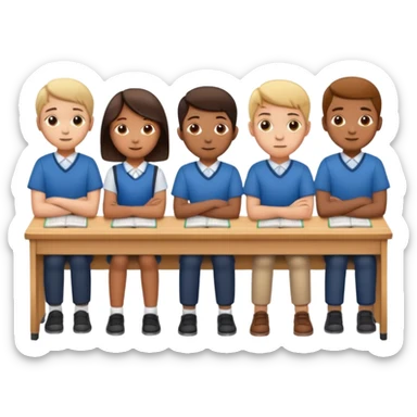 five school children not wearing uniform sitting in a row behind their school desks sticker