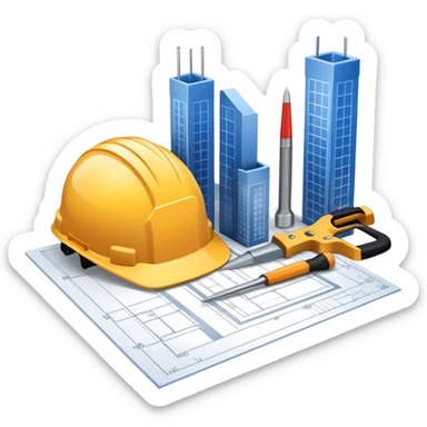 An icon featuring a blueprint, a hard hat, and construction tools, symbolizing architecture and construction. The design includes a ruler, building materials, and a skyscraper, representing the design and building process. Transparent background highlights the art and science of creating structures. sticker