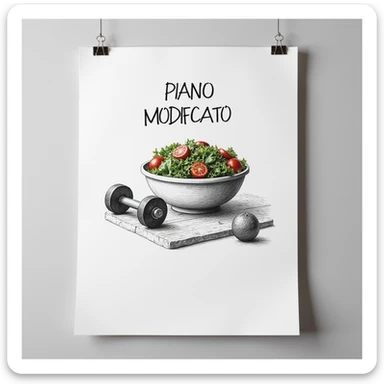 white sheet of paper with the text 'PIANO MODIFICATO', a hyperrealistic 4K drawing of a salad bowl and gym dumbbells, no background sticker