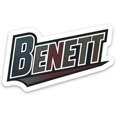 Benett name in masculine, modern gradient font with precise Hungarian characters, dark contour, extra wide and prominent white letter frame as in reference images, dynamic slanted underline, masculine color shades (blue, gray, burgundy, green, brown), 1000x1000 px, PNG, transparent background sticker