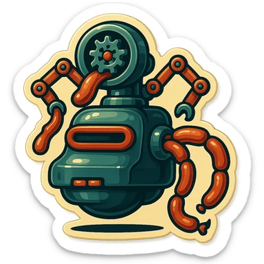 sausage-processing droid. retro-futuristic style. in front is a large industrial grinder rotating gears and blades. Two robotic arms feed material into grinder. Sausage links extrude from the rear like  factory. The body is metallic, compact, and floats above the ground.no legs. Dark humor sticker