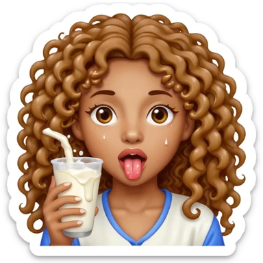 a mixed girl with long curly hair sticking her tongue out with milk drops dripping from tongue sticker