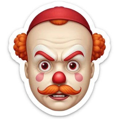 Angry clown — furrowed brow, mustache, tiny hat. sticker