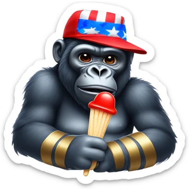 Gorilla holding red white and blue popsicle with backwards hat sticker