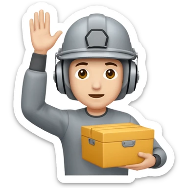 Tengo que dar una capacitacion de orgonomia, necesito un emoji de un operario con casco blanco y buzo gris de manga larga que levante una caja cerrada con las dos manos a la altura de los hombros y que tenga cara de esfuerzo fisico sticker