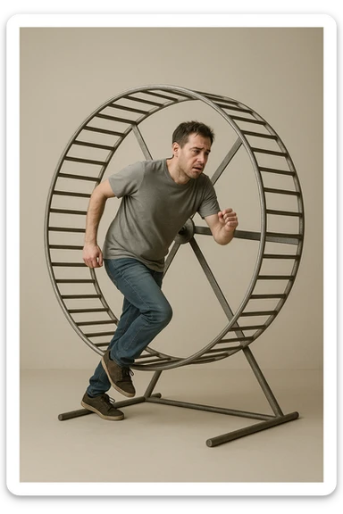 uomo che corre dentro la ruota del criceto come un circolo vizioso immagine realistica sticker