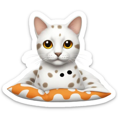 Cat on pillow with a white coat and gray and orange and black spots sticker
