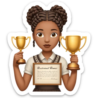 generate an emoji for this phrase, Start strong to earn trust and be noticed. End strong to be remembered. make it a black woman in braids updo looking determined with a white script in hand and a trophy sticker