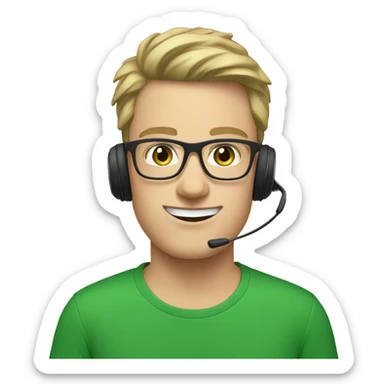 white young man with square glasses and blue eyes wearing green t-shirt with laptop and headset sticker