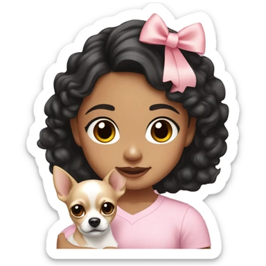 Hispanic girl medium black wavy hair wearing a light pink shirt holding a white and tan chihuahua with a pink bow  sticker