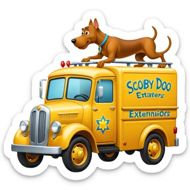 The Flintstones Mr. Freeze’s shiny frozen Scooby Doo 1918 Lightning Bug busters exterminators antique long wheelbase moving truck  sticker