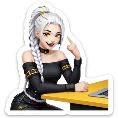 ghibli style, she is laughing outrageously and pounding her fist on the table, a closeup portrait of young woman with gold yellow eyes, white hair, long braid, black off-shoulder top, punk gothic style, futuristic cyberwave cyberpunk, sitting position
 sticker
