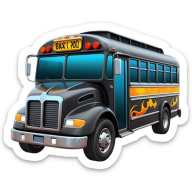 Mad max survival apocalypse ghostly Darth Vader’s Batman-armored 1886 black graphite colored school bus with horizontal holographic flames painted on the side and neon under glow  sticker