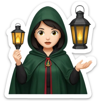 traitor tv show, dark haired woman wearing dark green cloak with hood up who looks very evil and is holding up a lantern sticker