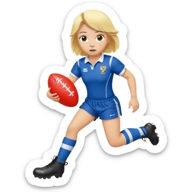chica rubia con cara de miedo vestida con equipación de rugby con unas botas inflables sticker