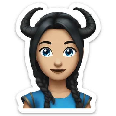 a girl with black dragon horns,she has black hair with blue accents, she has blue eyes, she has golden earrings. sticker