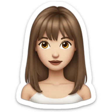 long brown hair skinny girl with curtain bangs, thin face and makeup from head to chest sticker