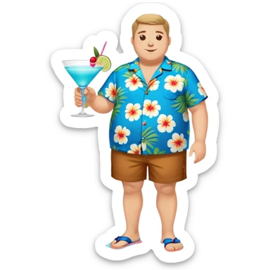 chubby guy full figure in a flowered azure havai shirt, brown shorts and flippers holding a cocktail sticker