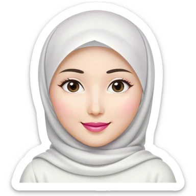 Asian white woman hijab, her hijab color are white, her face is small oval, her lips are pink, her eyes are shining, her face looks happy showing her teeth, her eyes are also smiling, her outfit color are white sticker