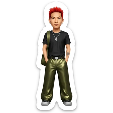 Mike Shinoda with red hair, black metallic T-shirt, olive metallic baggy pants, silver necklace sticker