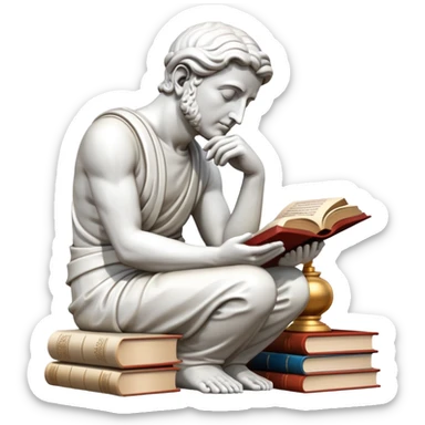 An icon featuring a Thinker statue, a scroll, symbolizing philosophy. The design includes books and abstract symbols representing deep thought and wisdom. Transparent background highlights the study of ideas, logic, and existential questions sticker