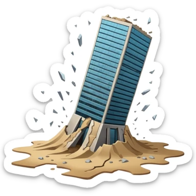 A skyscraper collapsing on quicksand, with floors breaking apart and falling out of the structure, glass and steel debris falling, realistic lighting, cinematic atmosphere, dramatic destruction, ultra detailed sticker