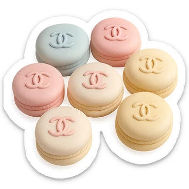 pastel Chanel macarons, each with a small edible logo, delicate and elegant sticker