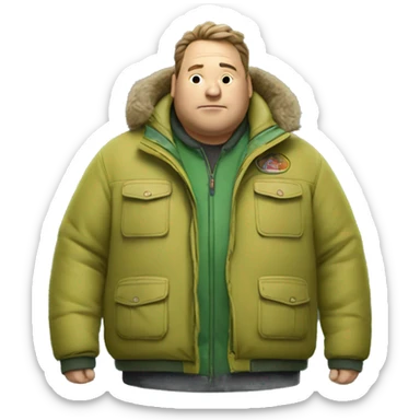 Fat man with Napapijri Rainforest Jacket sticker