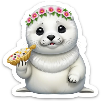 Training a harp seal wearing flower hair pin with food at beach with  sticker