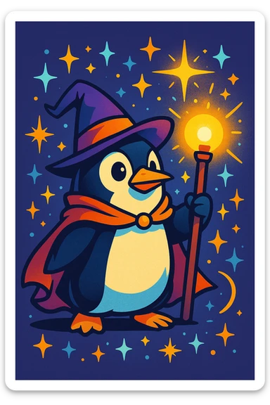 stylized penguin wizard with a glowing staff, surrounded by sparkles, fantasy illustration sticker