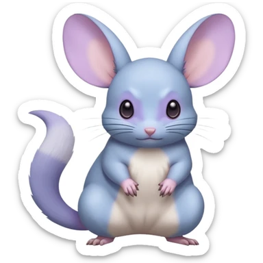 Light-pastel-blue rodent-chinchilla-Minccino-Pokémon-Fakémon-fusion-hybrid-Pokémon-animal-creature, full body with purple-violet-pinkish round cheek markings  sticker