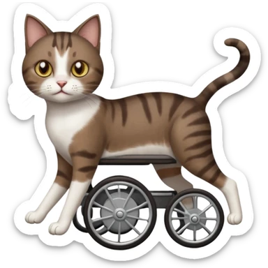 full body small short hair dark brown and white cat with hazel eyes walking in a wheelchair for cats sticker