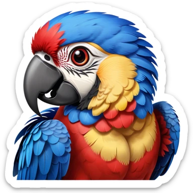 Cinematic Realistic Comical Macaw Portrait Emoji, Head tilted dramatically with an exaggeratedly amused expression, featuring a striking array of vividly detailed scarlet and blue feathers with bold natural accents and wide, expressive eyes full of playful disbelief, rendered with lifelike texture and vibrant hues, high shine, dramatic yet playful, styled with an air of cheeky avian mischief, soft glowing outline, capturing the essence of a spirited and over‐the‐top macaw that looks ready to flap its way into viral fame! sticker