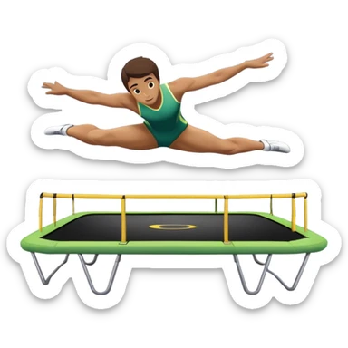 An athletic person soaring high above a trampoline, executing an acrobatic flip with perfect form. The scene captures motion and energy, with a dynamic pose, stretched limbs, and a focused expression. The background suggests a professional trampoline arena with safety padding. sticker
