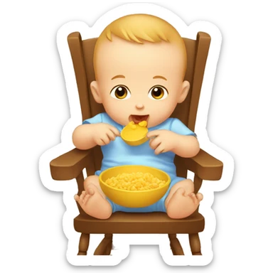A baby eat his first food in the chair for kids  sticker