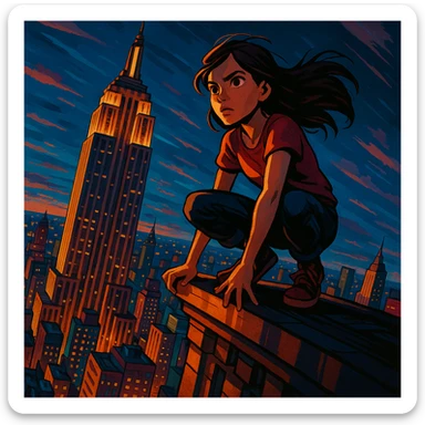a girl crouched on the Empire State Building, dramatic perspective, stylized city below sticker