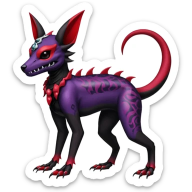 Gothic Black red purple Scaley Exotic Salandit-Umbreon-Noibat-Houndoom-Fakémon-hybrid-creature (full body), 4 legs, skull face mask sticker
