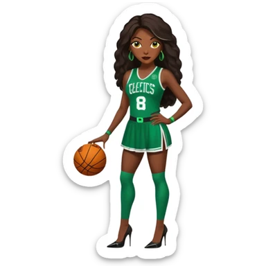 A 47-year-old dark black woman with brown eyes, long dark brown baylaige hair dressed in sexy 
celtics jersey costume outfit and stilettos  sticker