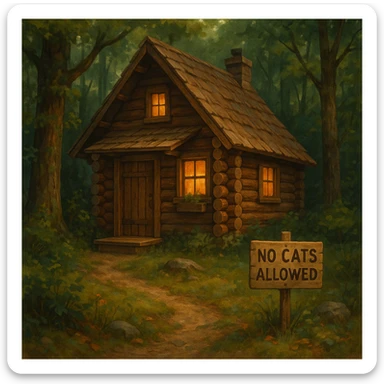 cozy cabin in the woods with a 'No Cats Allowed' sign, surrounded by nature sticker