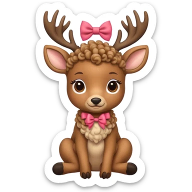 cute deer with curly fur, sitting down, wearing a bow on its head. sticker
