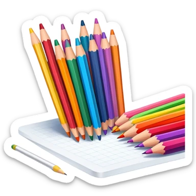 Cinematic Realistic image of a set of finely sharpened colouring pencils arranged neatly on crisp paper, rendered with vibrant hues and detailed pencil textures, illuminated by soft, creative lighting that captures the spirit of artistic expression sticker