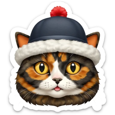 mostly black tortoiseshell cat, gold eyes, british hat sticker