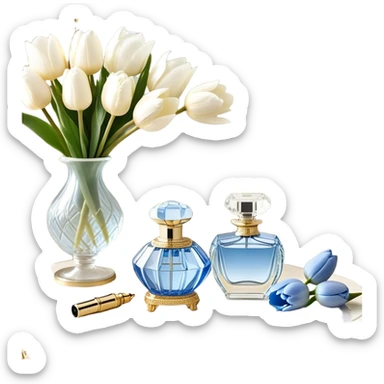 A dreamy composition of a crystal perfume bottle with an ornate golden atomizer, placed on a lace-trimmed vanity table, accompanied by a bouquet of white magnolias and soft blue tulips.
 sticker