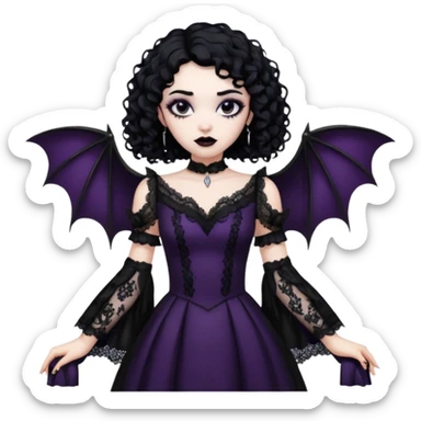 A girl with a goth vampire look in a goth lace batwings shaped sleeves dress black curly hair  sticker