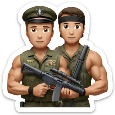 Icon for Action Movies: Schwarzenegger as John Matrix in Commando and Stallone as John Rambo in Rambo, both in iconic action poses with weapons, intense expressions, and explosive backgrounds. Powerful and dynamic with dramatic lighting. Transparent background. sticker
