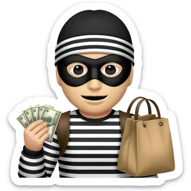 A robber wearing a black beanie, black and white striped shirt, a Zorro mask over his eyes and holding a bag of money  sticker